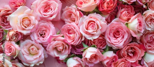 A display of pink roses on a table with a blank space for an image. with copy space image. Place for adding text or design