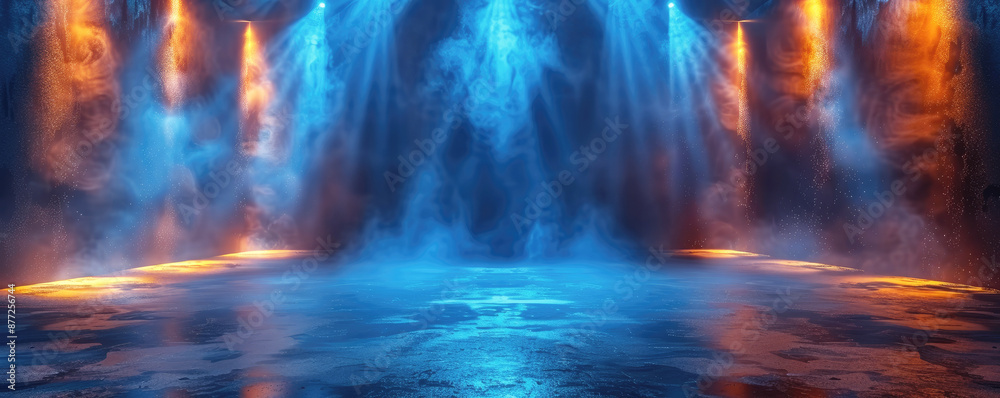 Fototapeta premium Empty room, stage filled with smoke and illuminated with blue and yellow light, copy space.