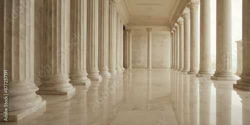 Ornate hallway with white marble columns and gold accents. Ideal for architecture, history, luxury, or wedding themes. photo