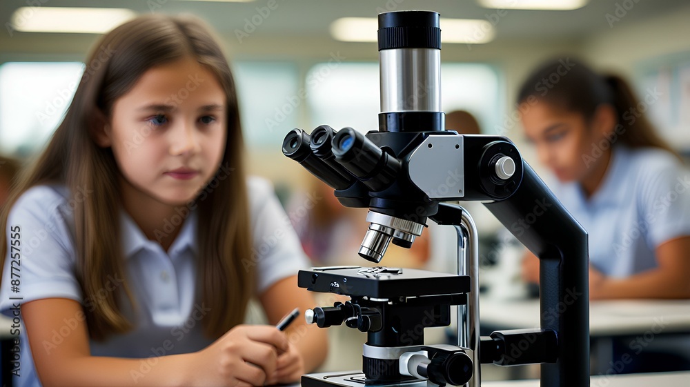 A girl using a microscope in a classroom setting, focused on science education. A girl using a microscope in a classroom setting, focused on science education.