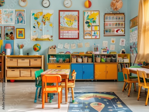 A colorful classroom with a large world map on the wall. There are many chairs and tables, and a clock on the wall