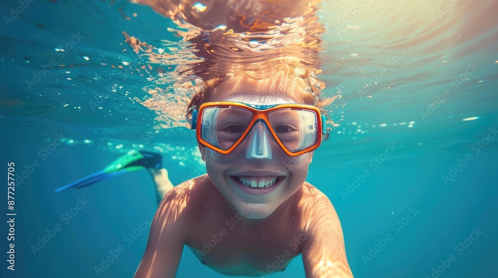 Naklejka premium Adventurous Kid Delighting in Undersea Exploration