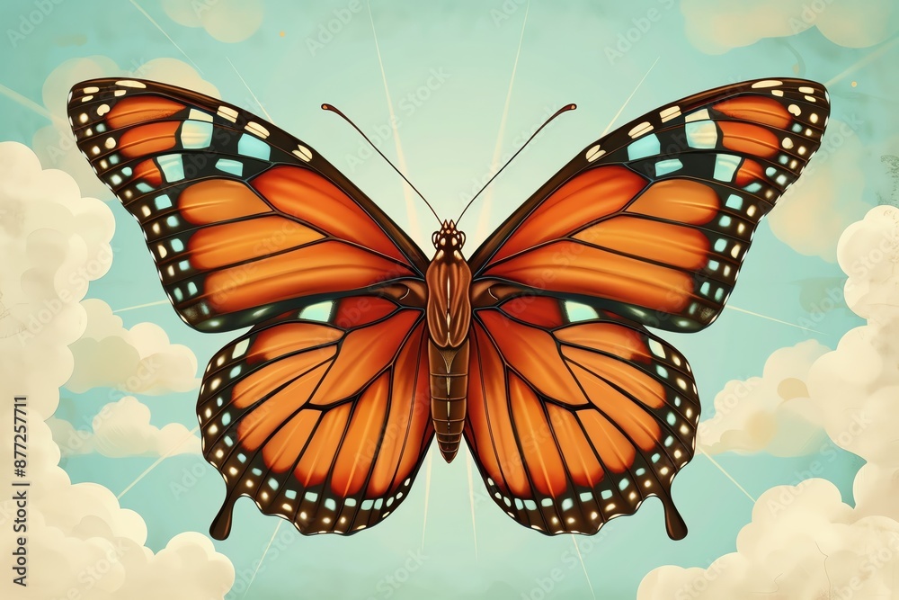 Fototapeta premium A vibrant monarch butterfly with open wings against a cloudy sky.