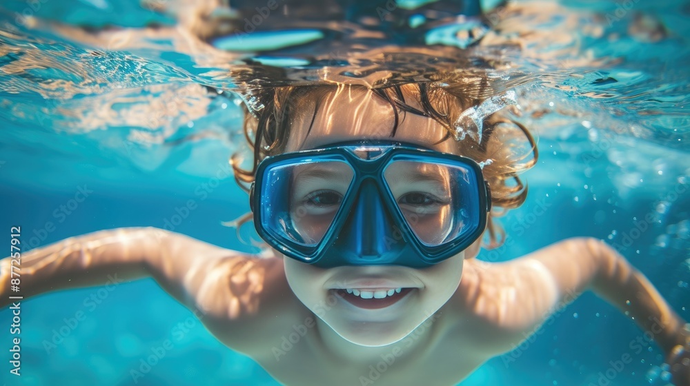 Naklejka premium Excited Kid Discovering Ocean Life Below Surface