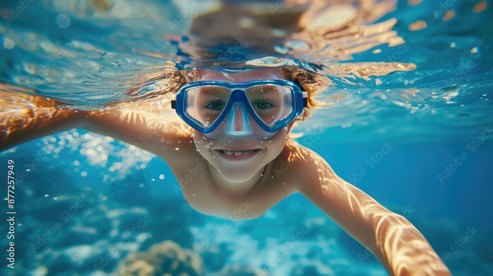 Naklejka premium Joyful Youngster Discovering Underwater Wonders