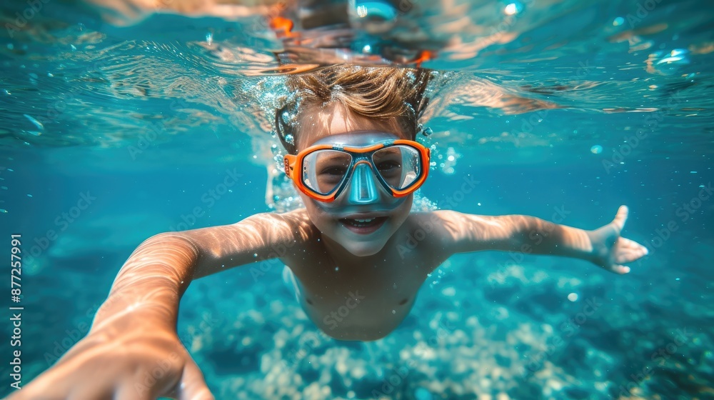 Naklejka premium Smiling Kid with Diving Mask Explores Ocean Life