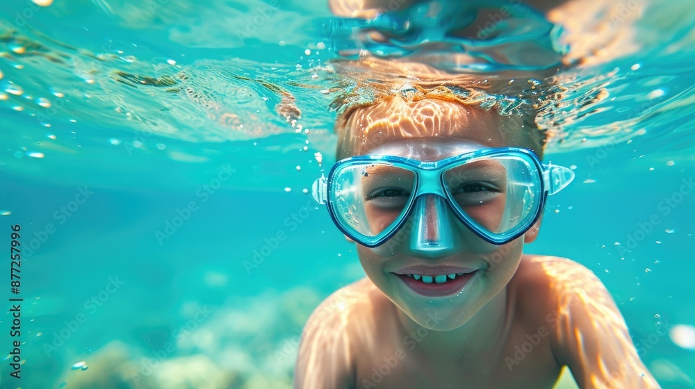 Naklejka premium Exploring the Sea: Happy Child Underwater