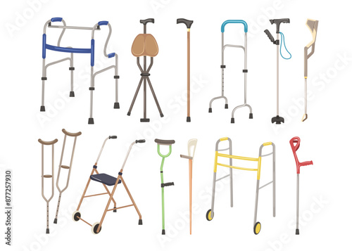 Walking sticks, crutch, aluminum or wood cane support equipment isolated on white background