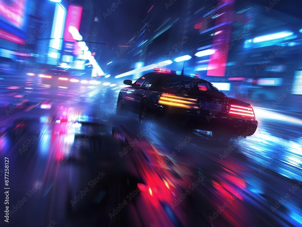 highspeed police chase through city streets at night blurred lights streak across the frame creating a sense of urgency and danger reflections on wet pavement add to the dramatic atmosphere