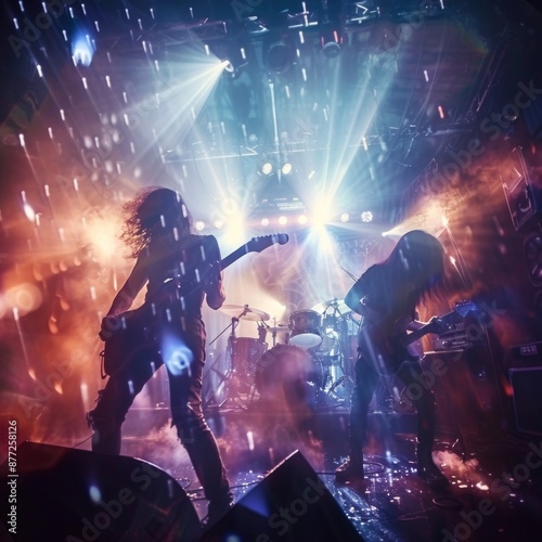 Young Indie Band Performing Energetic Alternative Punk Rock at Music Festival with Enthusiastic Fans. Female Drummer and Male Guitarist Rocking Live Under Falling Confetti, Creating a Vibrant Atmosphe © Da
