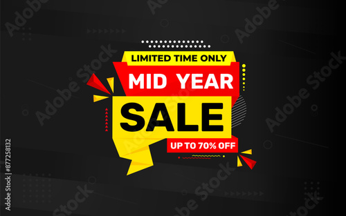 Mid Year Sale banner vector template. New Year Discount vector graphic element. Super shop label Promo design. Product opening festival background collection.