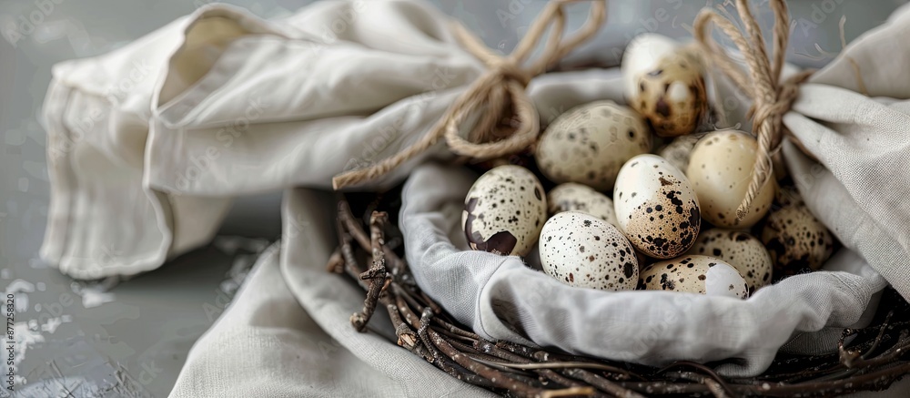 Copy space image featuring a unique Easter display including a nest of quail eggs and neatly tied linen napkins with ribbons Copy space image featuring a unique Easter display including a nest of quail eggs and neatly tied linen napkins with ribbons