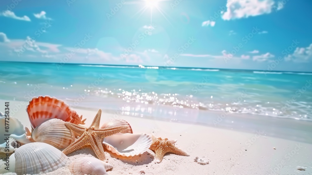 Wide Angle Shot of a Sunny Beach with Starfish and Seashells on White Sand, Turquoise Ocean in Background Wide Angle Shot of a Sunny Beach with Starfish and Seashells on White Sand, Turquoise Ocean in Background