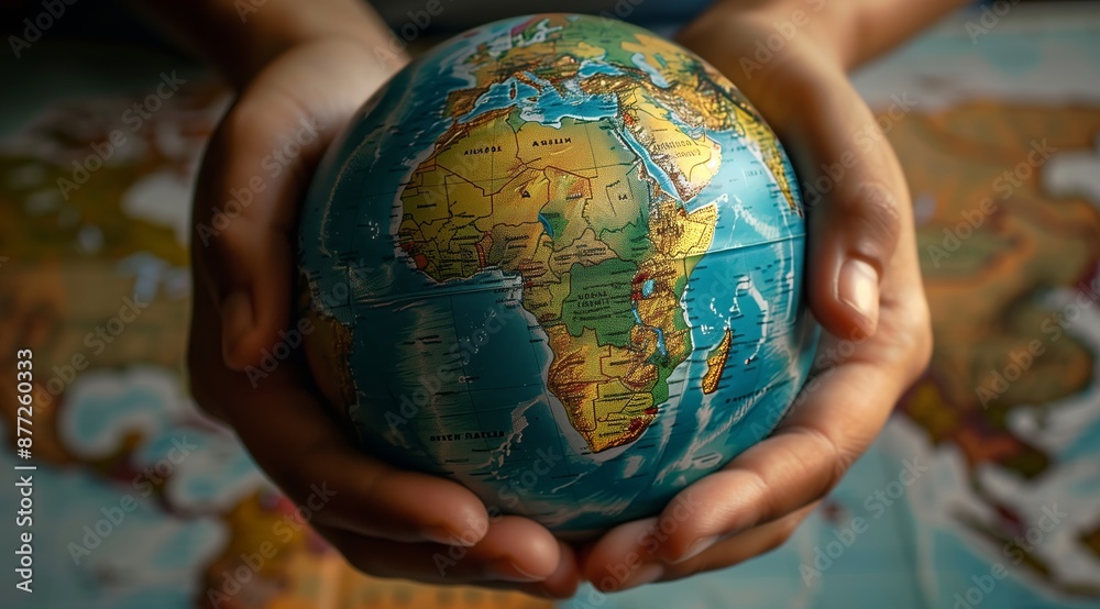 Close-up of Hands Holding Globe with Map Background Close-up of Hands Holding Globe with Map Background