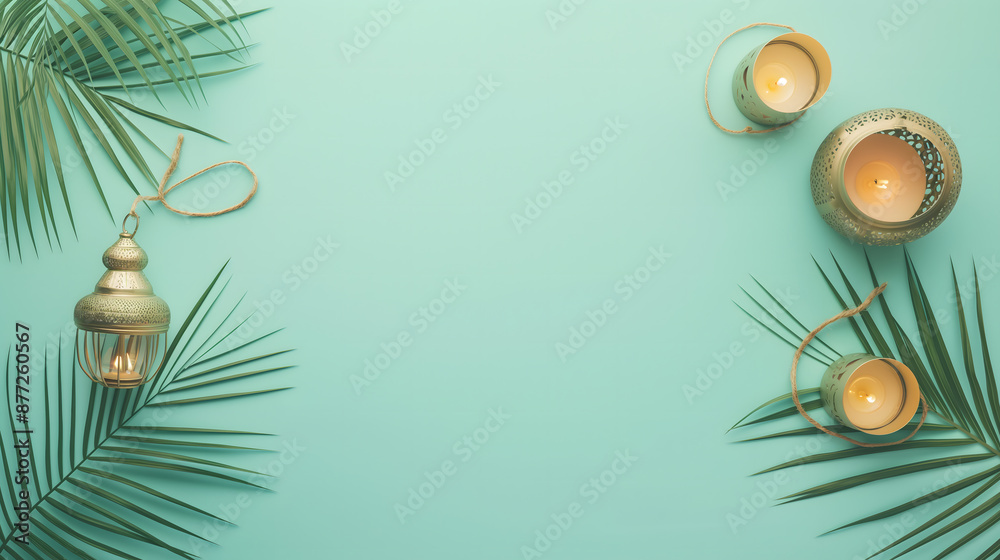 Elegant Aqua and Gold Lanterns and Leaves on Pastel Background Elegant Aqua and Gold Lanterns and Leaves on Pastel Background