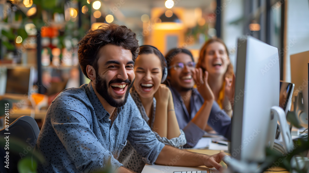 Obraz premium Joyful Colleagues Sharing a Laugh Together in a Modern Office