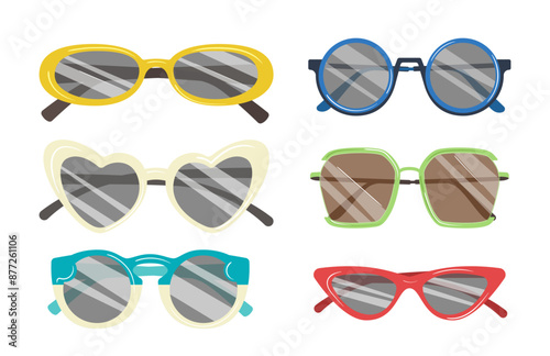 Set of summer sunglasses, different trendy eyewear, hipster beach goggles design isolated on white