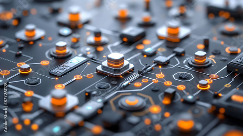 Futuristic Circuit Board with Luminous Lines and Processor Units