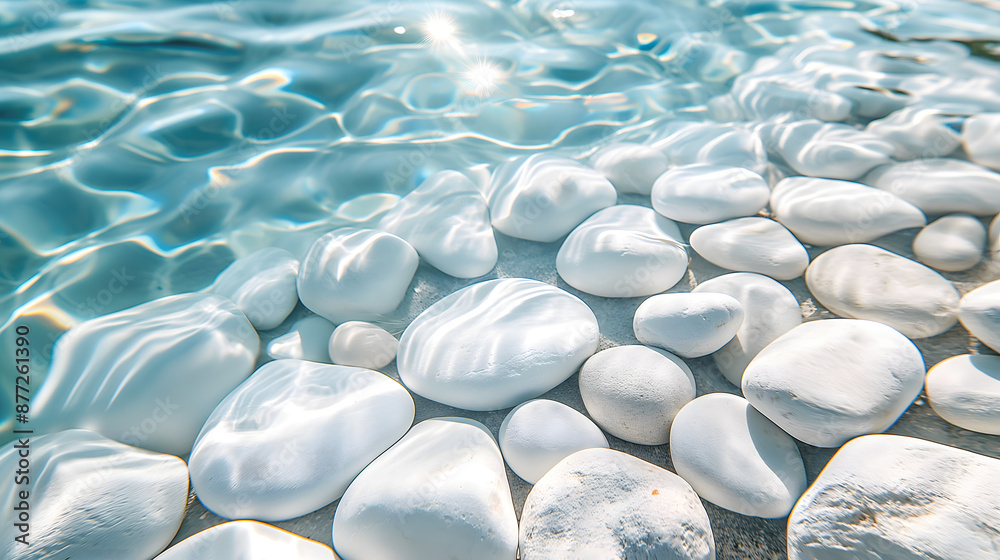 Obraz premium Serene Water Surface with Glistening White Stones and Sunlight