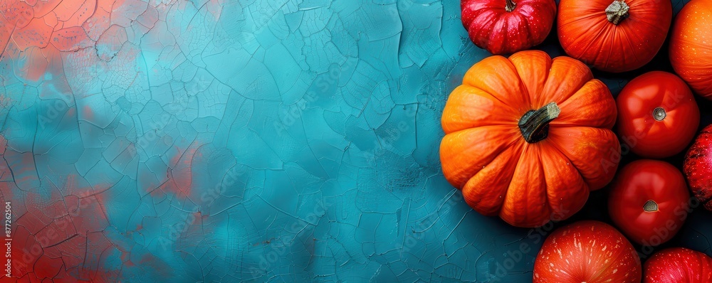 Close-up photograph of a pumpkin and gourds, placed on a bright, colorful background, autumn scenes, high angle Close-up photograph of a pumpkin and gourds, placed on a bright, colorful background, autumn scenes, high angle