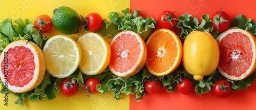 Close-up photograph of fresh fruits and vegetables, arranged on a brightly colored background, perfect for a health and wellness theme, high angle