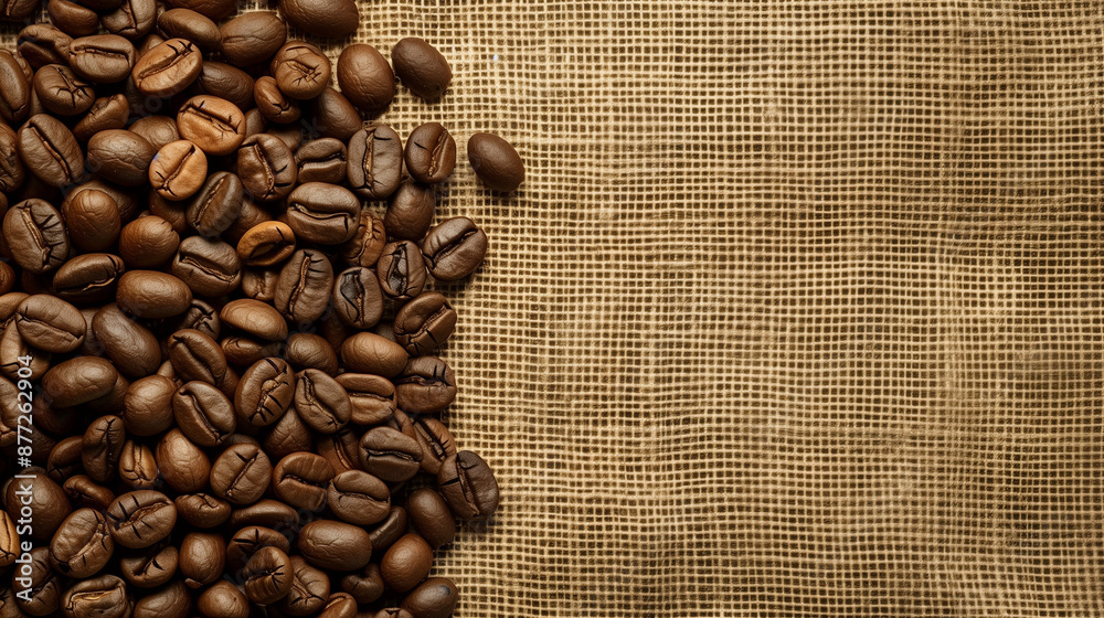 Coffee beans arranged on a canvas bag, with free space to place text. This simplicity and naturalness invites you to discover the aromatic sensations and pleasures associated with coffee. Coffee beans arranged on a canvas bag, with free space to place text. This simplicity and naturalness invites you to discover the aromatic sensations and pleasures associated with coffee.