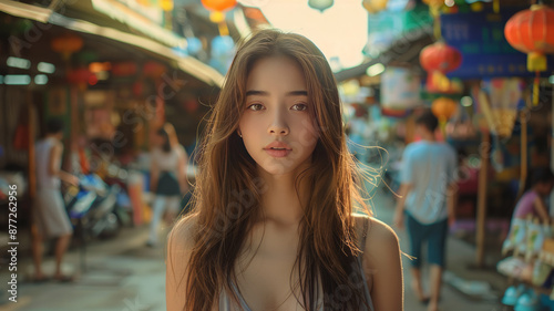 young cute Thai female with long hair, walking down asian market, vibrant background,generative ai