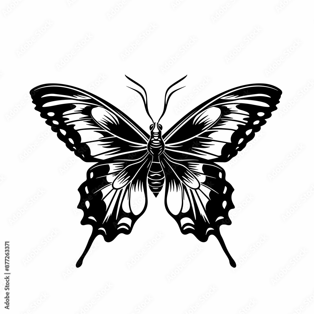 A black and white butterfly with a white spot on its wing. The butterfly is drawn in a very detailed and realistic manner A black and white butterfly with a white spot on its wing. The butterfly is drawn in a very detailed and realistic manner