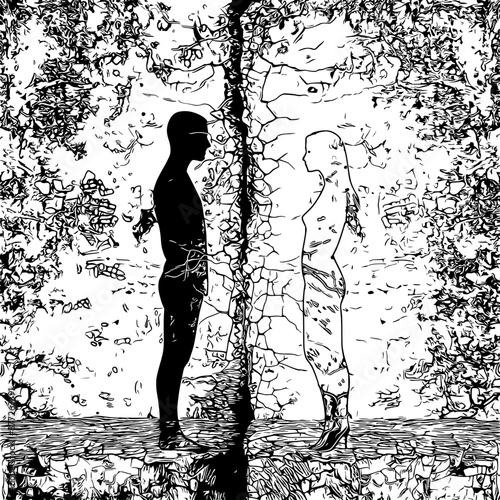 A man and a woman stand facing each other on a cracked wall, symbolizing emotional conflict, separation, and the contrast between light and darkness.