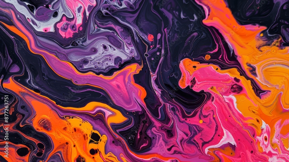 Obraz premium A captivating abstract art piece featuring a harmonious blend of vivid orange deep purple and warm pink hues The colors intermingle and intertwine creating a mesmerizing fluid effect that evokes the e