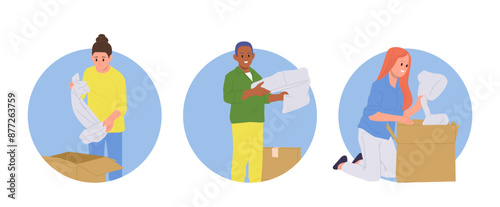 Isolated round composition set with happy people packing cardboard boxes moving to a new house