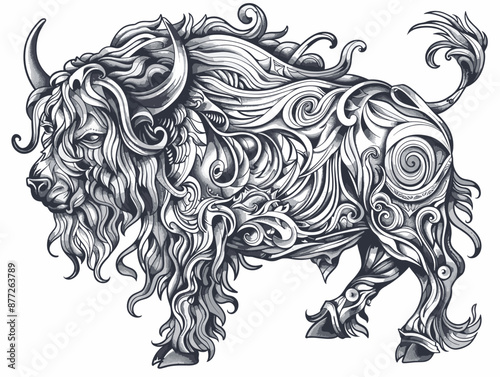 A stylized drawing of a buffalo with a horn on its head. The buffalo is depicted with a lot of detail, including its mane and tail. The image has a whimsical and artistic feel to it