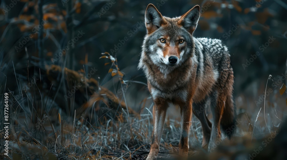 majestic coyotewolf hybrid prowling through a moonlit forest clearing its piercing eyes and powerful stance showcase the beauty and adaptability of this rare creature majestic coyotewolf hybrid prowling through a moonlit forest clearing its piercing eyes and powerful stance showcase the beauty and adaptability of this rare creature