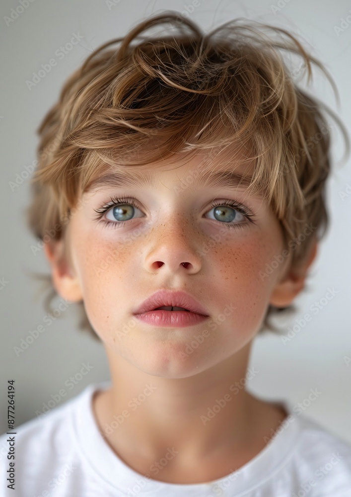 Curious Young Boy with Freckles Staring Upwards Indoors in Natural Light Curious Young Boy with Freckles Staring Upwards Indoors in Natural Light