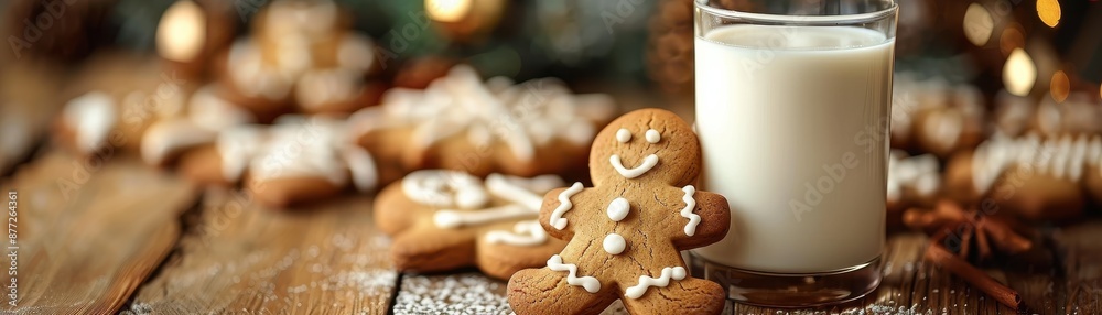 Close-up photograph of traditional holiday cookies, gingerbread men, and a glass of milk, festive background, holiday season preparation, vibrant colors Close-up photograph of traditional holiday cookies, gingerbread men, and a glass of milk, festive background, holiday season preparation, vibrant colors