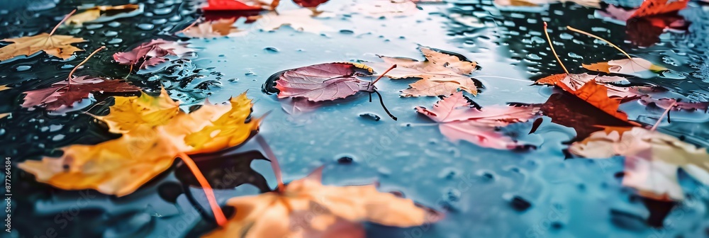 Close-Up Shot of Colorful Autumn Leaves Floating on Rain-Soaked Surface - Capturing the Beauty of Fall - Banner Background Wallpaper Close-Up Shot of Colorful Autumn Leaves Floating on Rain-Soaked Surface - Capturing the Beauty of Fall - Banner Background Wallpaper