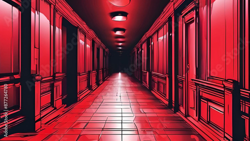 Red Hottel Room Corridor Comic Style 4, Red Scarry Backgrounds 
