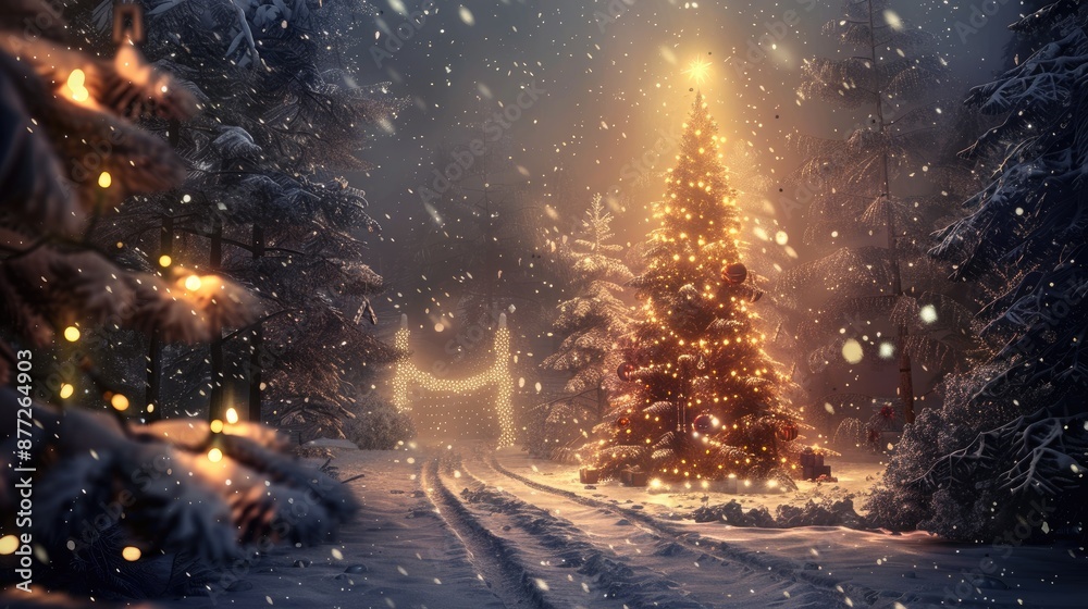 A Christmas tree is lit up in a snowy forest A Christmas tree is lit up in a snowy forest