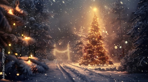 A Christmas tree is lit up in a snowy forest
