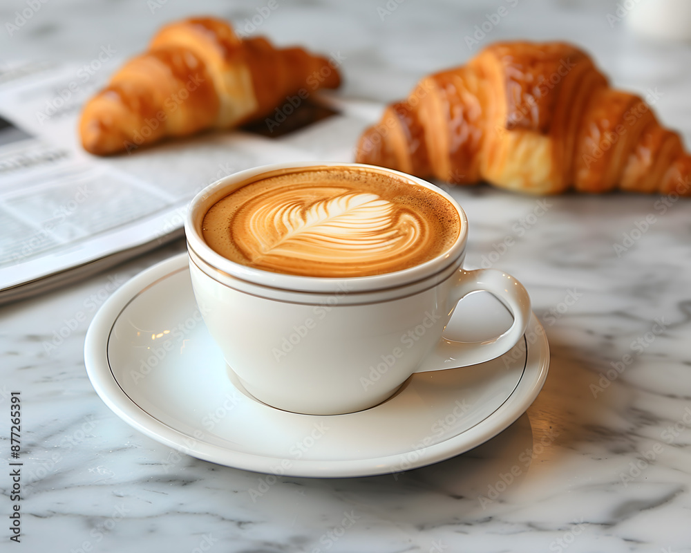 Morning Coffee and Croissants on a Marble Table with Newspaper Morning Coffee and Croissants on a Marble Table with Newspaper