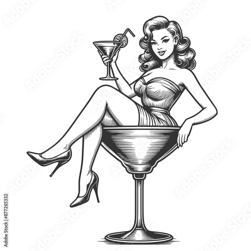 smiling pin up girl in martini glass, reminiscent of classic 1950s style sketch engraving generative ai fictional character vector illustration. Scratch board imitation. Black and white image.