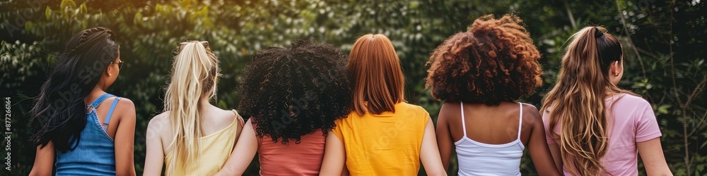 Rear view of a young group of diverse women walking together and hugging outdoors. Friendship and female community concept Rear view of a young group of diverse women walking together and hugging outdoors. Friendship and female community concept