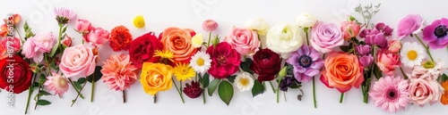 On a white background, a variety of colorful flowers arranged in rows.