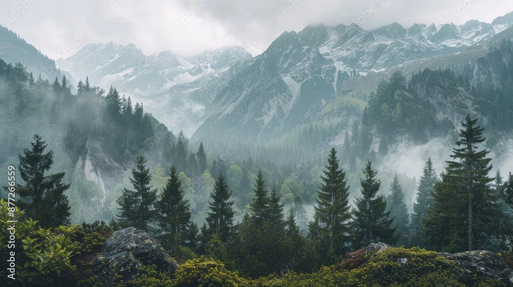Fototapeta premium A mountain range covered in trees and snow
