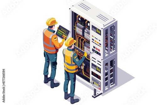 two engineers checking and maintenance mcb electricity, isometric, isolated white background photo