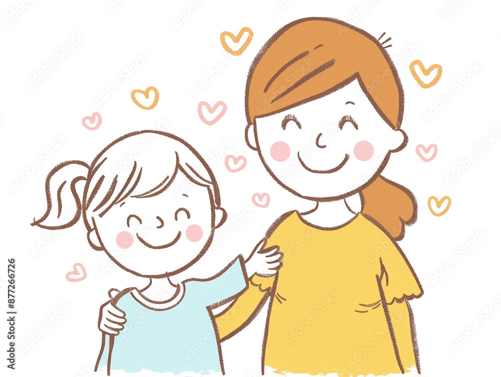 Children's drawings show the bonding between mother and daughter. They smile and look happy. Cartoon style. Children's drawings show the bonding between mother and daughter. They smile and look happy. Cartoon style.