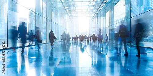 Busy professionals interacting in a modern office building. Diverse team engaged in discussions, presentations, and collaborative work. Corporate environment with a focus on teamwork and productivity.