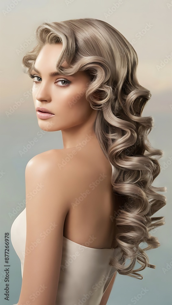 Fototapeta premium Beautiful woman in profile with long and shiny wavy hair . Beauty model girl with curly hairstyle