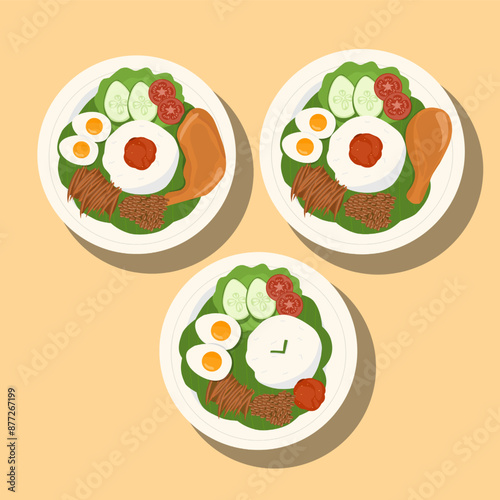 set of icons of food Asian food Nasi Lemak is a rice dish infused with coconut milk. Served with sambal, fried anchovies, fried peanut, boiled eggs, and fresh cucum