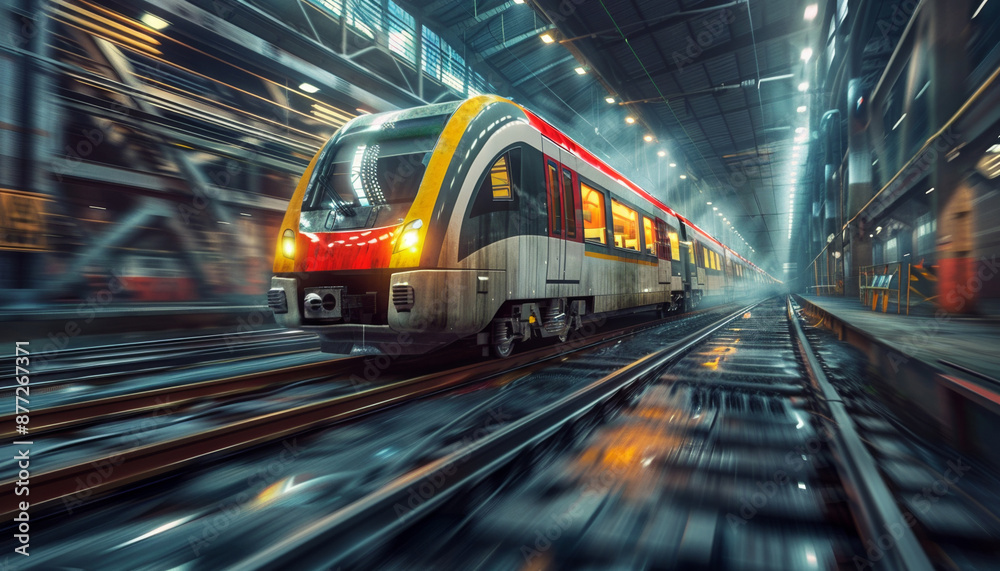 Train on Tracks, Dynamic and Fast, Industrial Setting, Urban Transportation Train on Tracks, Dynamic and Fast, Industrial Setting, Urban Transportation